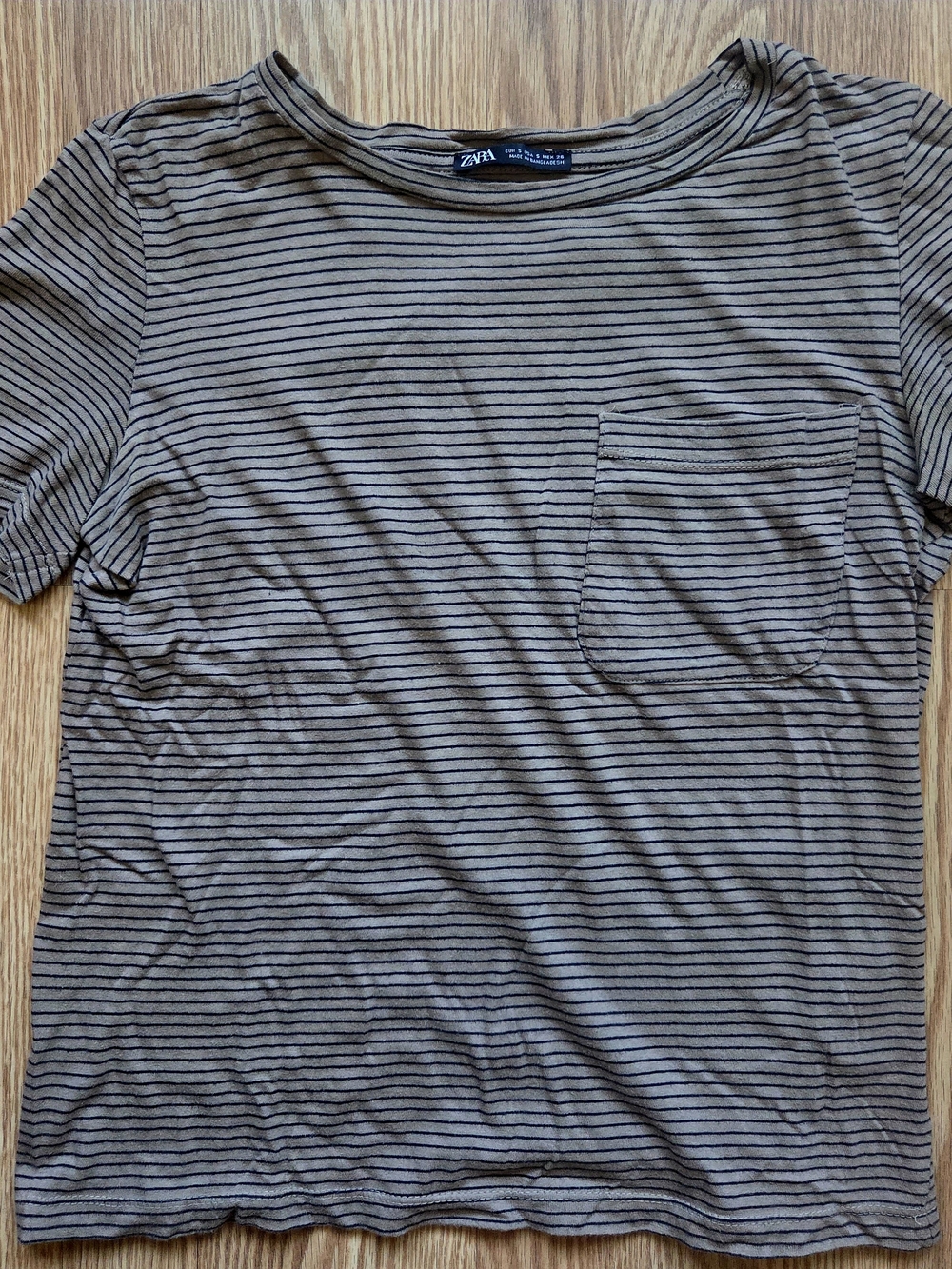 Zara Women's Tan and Black Striped Pocket T‑Shirt